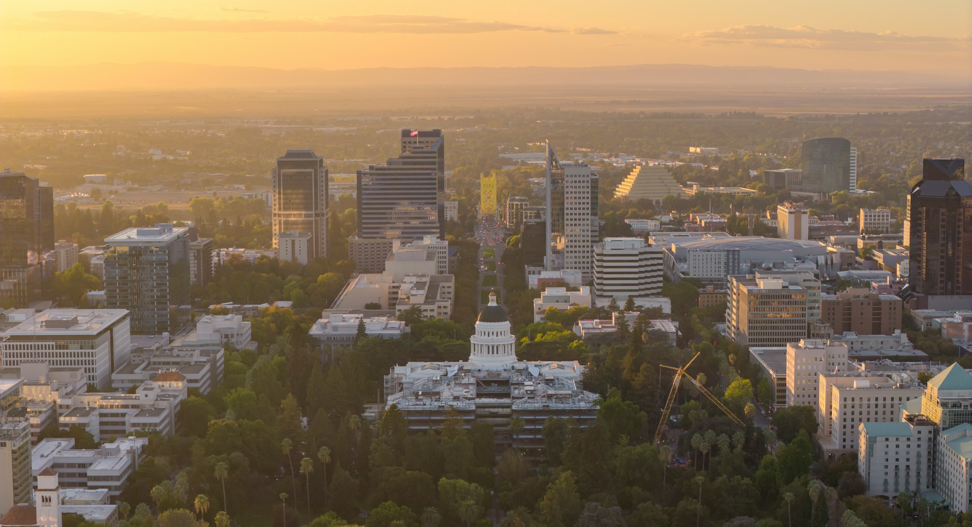 Aerial view of downtown Sacramento and the California State Capitol at sunrise